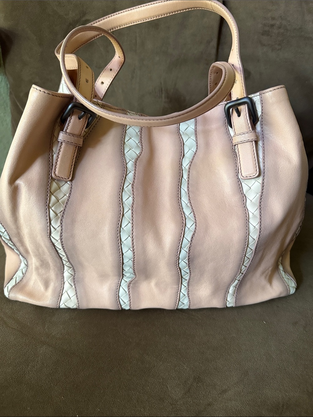 Botega Vanetta Soft Pink Leather Tote Bag with Ivory Braided Trim